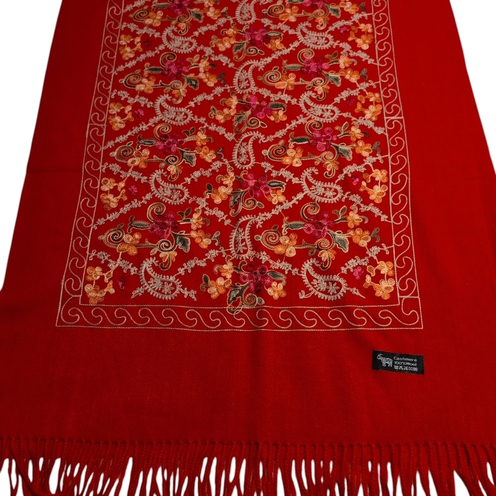 NWOT Cashmere Oversized Elegant Deep Red Embroidered Pashmina - Picture 2 of 4